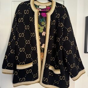 Gucci Black & Cream GG Logo Knit Open-Front Jacket